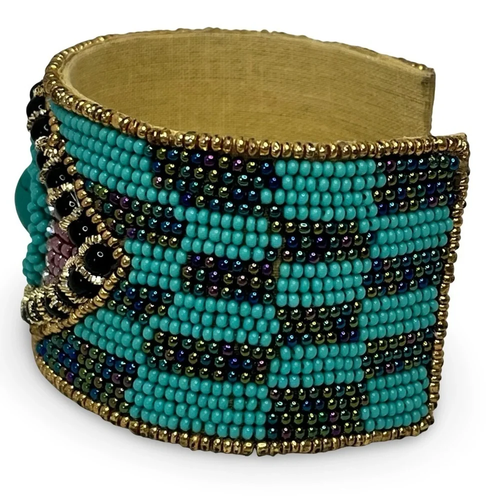 Turquoise and Gold Colored Beaded Evil Eye Cuff Bracelet